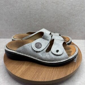 Finn Comfort Open Toe Slide Sandals Silver Textured Leather Comfort Sz 39 8 8.5